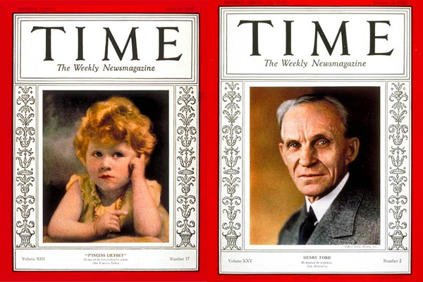 Obálky Time: Princezna Elizabeth a Henry Ford